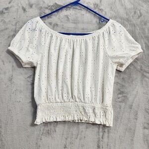 Wild Love Top Womens M White Eyelet Off Shoulder Puff Sleeve Crop Blouse Boho